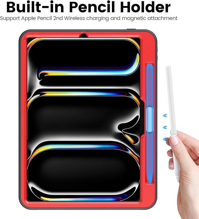 for iPad Pro 11 inch Protective Case M5 2025/M4 2024: Heavy Duty Shockproof Case with Pencil Holder - 360°Rotating Handle/Stand - Screen Protector - Shoulder Strap Black/Sky Blue
