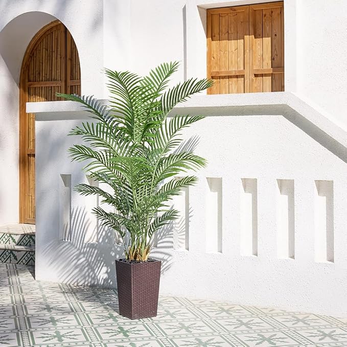 6FT Artificial Palm Tree - Tall Fake Tree with Brown Taper Planter & Pebbles, UV Resistant for Indoor & Outdoor Decor - Large Potted Faux Plant for Living Room, Office, Home Decor,VN130