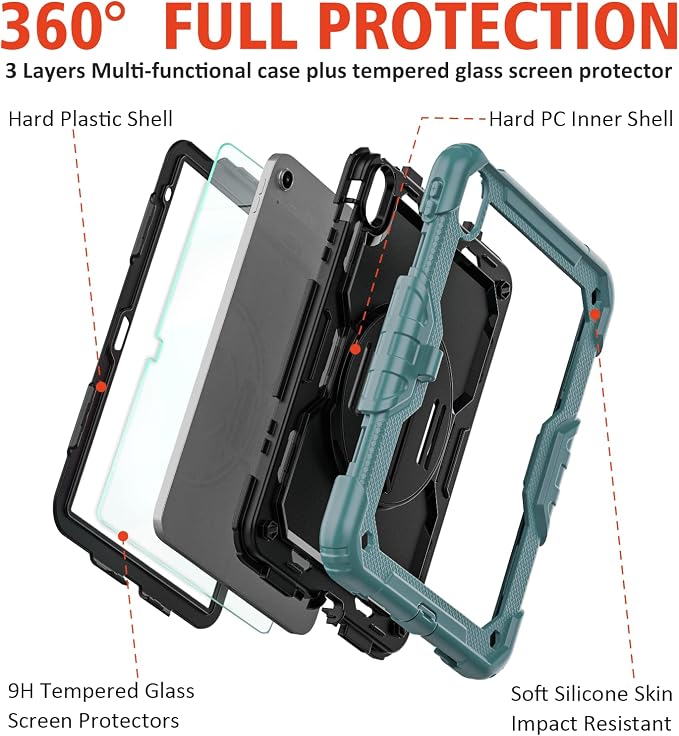 Ambison Case for iPad (A16) 11th/10th Generation 11''/10.9'' Black | Hand Strap 9H Tempered Glass Screen Protector Rotating Stand Shoulder Strap Heavy Duty Shockproof Pencil Holder