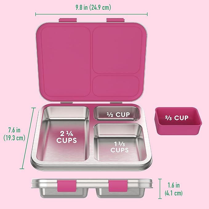 Bentgo Kids Stainless Steel Leak-Resistant Lunch Box - 3-Compartments with Bonus Silicone Container, Durable, Eco-Friendly, Dishwasher Safe, BPA-Free, Ideal for School, Ages 3+ (Fuchsia)
