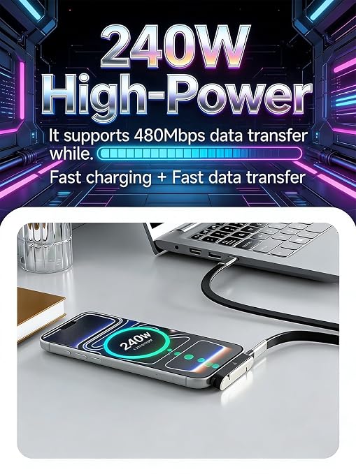 Detachable 240w Super Fast Charging 2-in-1 Charging Cable with Phone Charger Invisible Stand Flat Phone Charger Type-C 90 Degree 240w Stand Data Cable Right Angle Sideways(Data cable set1PC Black)