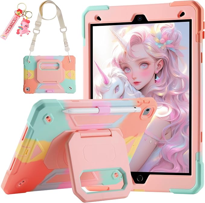 for iPad (A16) 11th Generation Case 11 Inch 2025/ iPad 10th Generation Case 10.9 Inch 2022 with 360 Rotating Grip Magic StandPencil Slot/Key Chain/Carrying Shoulder Strap Cover for iPad 10th Gen