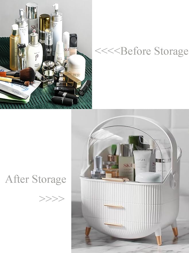 Makeup Storage Organizer for countertop，Cosmetics Display Case with 2-Layer Storage Box and Transparent Cover, Keep Bedroom Vanity Organizer Clea, Milky white
