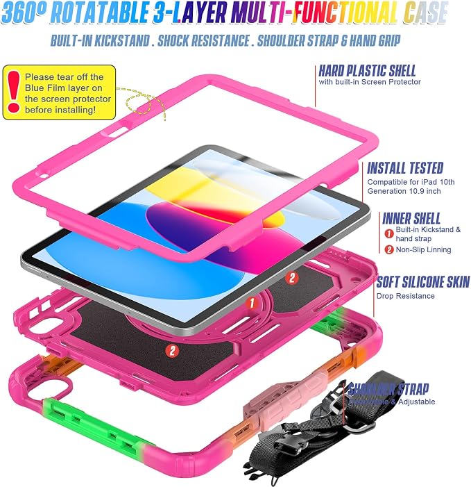 Case Compatible with iPad (A16) 11th 2025/10th Gen 2022 | Built-in Screen Protector Pen Holder Heavy Duty Shockproof Rugged Protective Case W/Handle Shoulder Strap