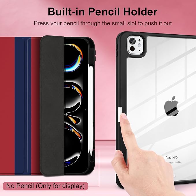 Case for iPad Pro 11 inch M5 2025 /M4 2024 Blue Ribbon Stripe | Blue Ribbon Stripe Folio Case with Clear Back Pencil Holder Trifold Stand and Auto Sleep/Wake for Preppy Aesthetic Users