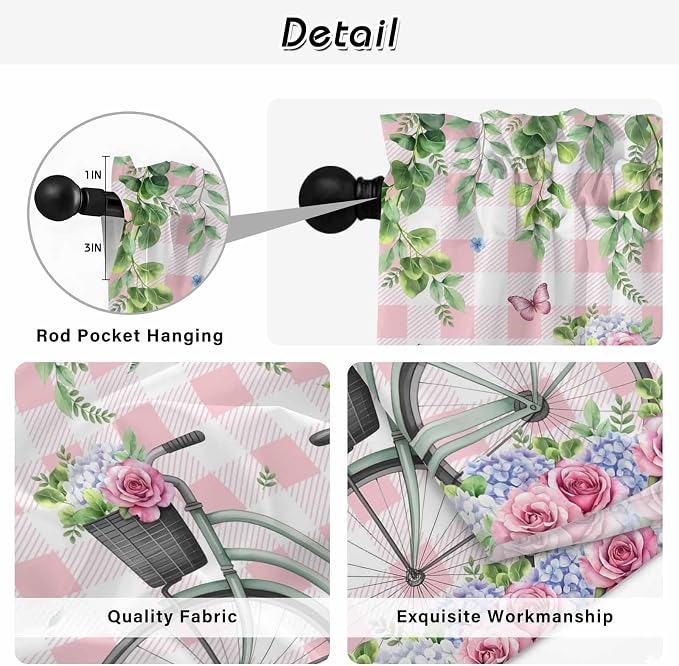 Spring Tier Curtains, Bicycles Leaves Butterfly Flowers Pink Buffalo Plaid