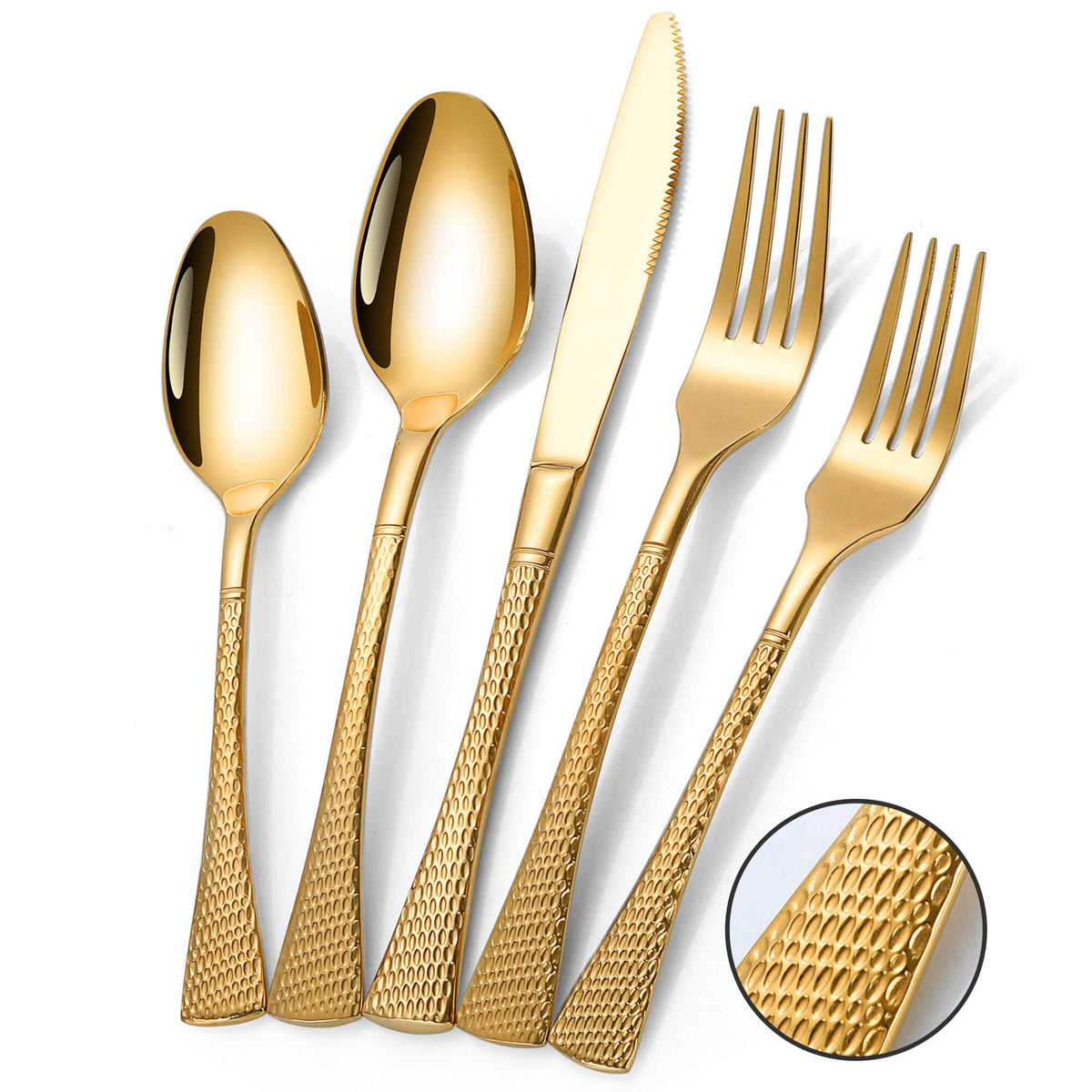 Lemeya Hammered Silver Gold Silverware Set for 8,Stainless Steel 40-Piece Modern Cutlery Set,Mirror Polished Heavy Duty Flatware Set Utensil Set,Knives Spoons and Forks Set,Dishwasher Safe