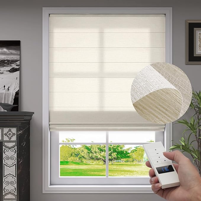 ZSTARR Smart Roman Shades Rechargeable Motorized Blinds with Remote Light Filtering Roman Window Shades Plain Fold Soft for Doors Bedroom, Custom Size (Sheer Beige)