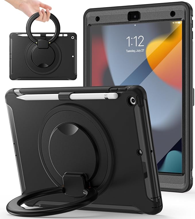 BATYUE Shockproof Case for iPad 9th 8th 7th Gen 10.2 Inch Black | 3in1 PC+TPU Heavy Duty 360° Rotatable Ring Stand for Grip Carry Hang &amp Multi-Angle View Screen Protector Pencil Holder