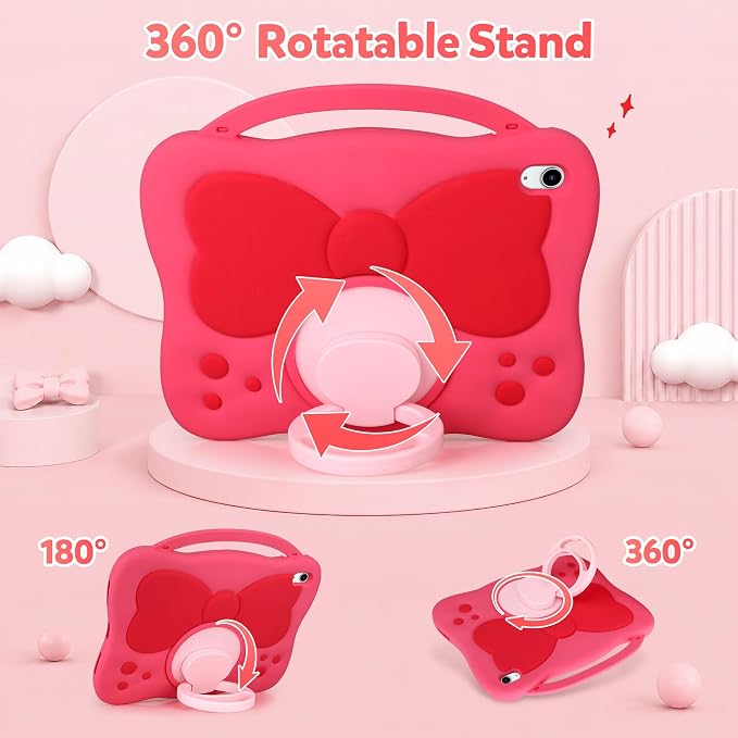 VOFUOE for iPad A16 Case Kids iPad 11th/10th Generation Case 11 Inch 2025 | Cute Bow Soft Silicone iPad 10th Cover 10.9 Inch 2022 for Girls Built-in Handle Rotatable Stand Pencil Holder-Pink Purple