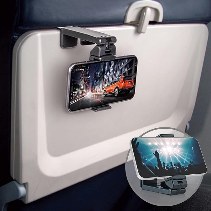 Travel Accessories Universal Seat Back Tray Table Phone Clip Holder Adjustable Pocket Size Hands Free Phone Holder Airplane Travel Essentials Compatible with iPhone and Android