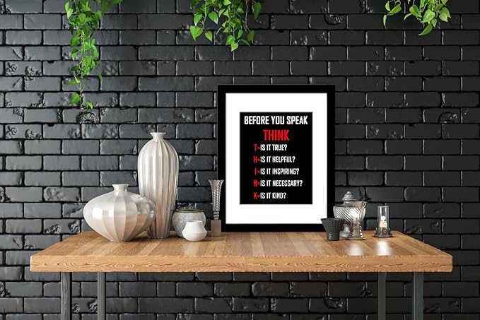 Wieco Art Think Quotes Wall Art Inspirational Canvas Print Motivation Classroom Decor With Black Picture Frame and HD Plexiglass Made to Display 8x10" with Mat or 11x14" Without Mat