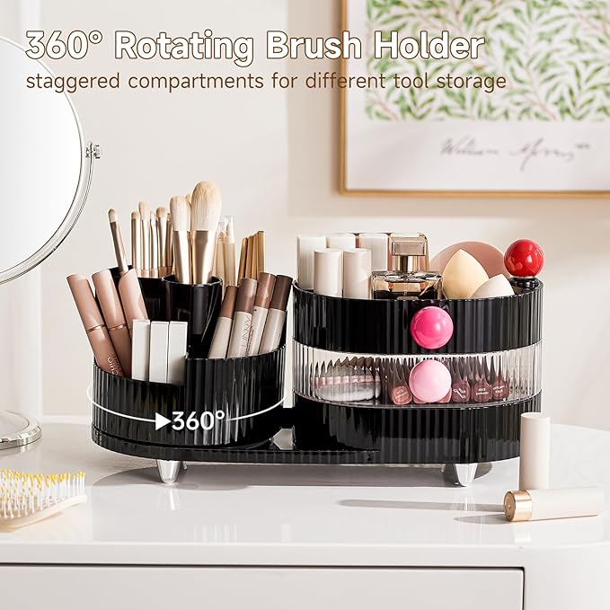 Makeup Organizer Countertop for Vanity with 360° Rotating Brush Holder, 3 Layer Cosmetic and Jewelry Storage, Makeup Display Case for Skincare&Perfume, Black