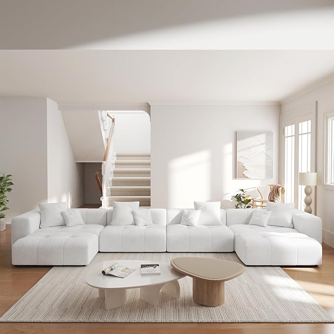 JACH 183.5 Inch U-Shaped Modular Sectional Sofas, Modern 4-Seater Couch with Chaise Ottomans, Mid Century Modern Sectional Couches, Cozy Sleeper Sofa for Living Room (Linen Fabric, White)