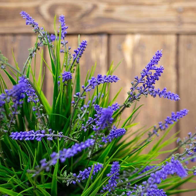 Artificial Fake Outdoor Plants Flowers for Decoration,10 Bundles 16.5" UV Resistant Plastic Tall Realistic Faux Monkey Grass Greenery Stems for Home Outside Planter Window Porch Patio Garden-Purple
