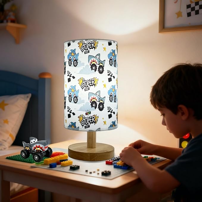 Shark Table Lamp for Boys Bedroom, Wood Base Linen Shade, Nursery Boho Lamp, 3 Level Brightness, Gifts for Boys
