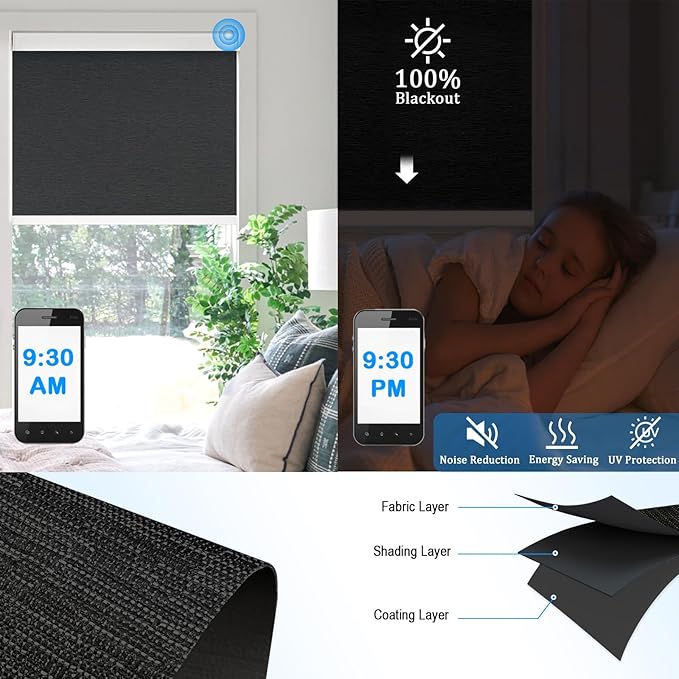 COOLWINDS Motorized Blinds with Remote Cordless Automatic Motorized Shades Custom Blinds for Windows Smart Curtains Compatible with Alexa Google Home(Blackout Jacquard Black,W29 x H72in)