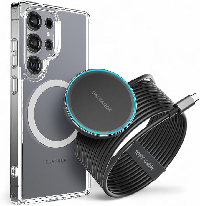 Galvanox Magnetic Wireless Charger for Samsung [Ultra-Slim] Fast Charging for Galaxy S26 Ultra S25 S24 Plus and Android Devices USB Type-C (10Ft)