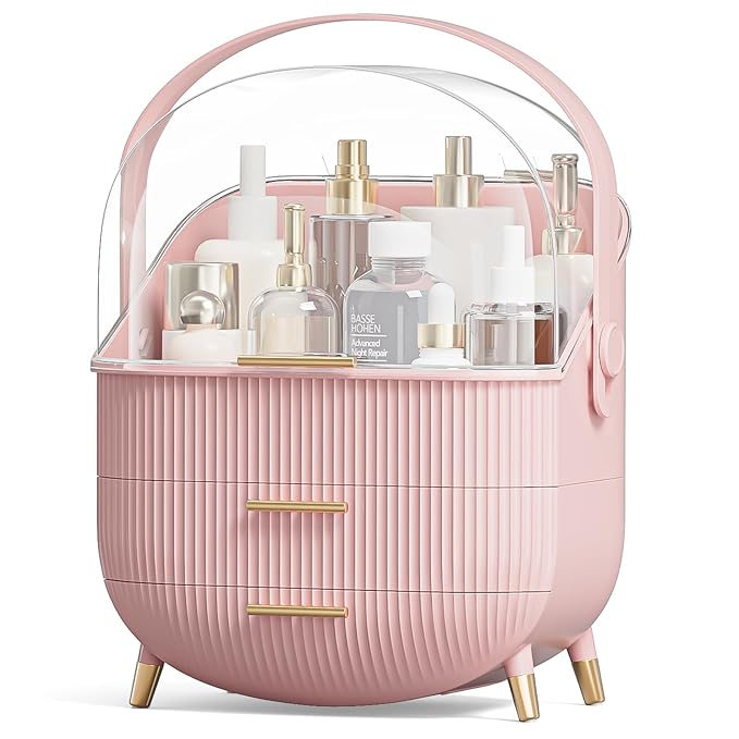 Makeup Organizers, Make Up Organizers for Vanity, Countertop Cosmetic Storage with Drawers and Transparent Cover for Bedroom Bathroom(Pink)