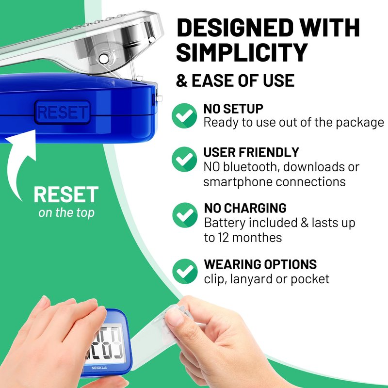 NESKLA 3D Pedometer for Walking, Simple Step Counter with Large Digital Display, Step Tracker with Removable Clip Lanyard, Accurately Track Steps for Men Women Kids Adults Seniors-Dark Blue