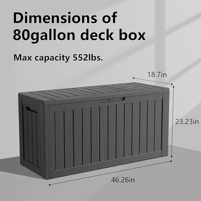 80 Gallon Resin Deck Box Storage Outdoor Waterproof Boxes Lockable UV Resistant Container for Patio Furniture Cushions Pool Supplies Garden Tool Sports Equipment Outside Storage Delivery