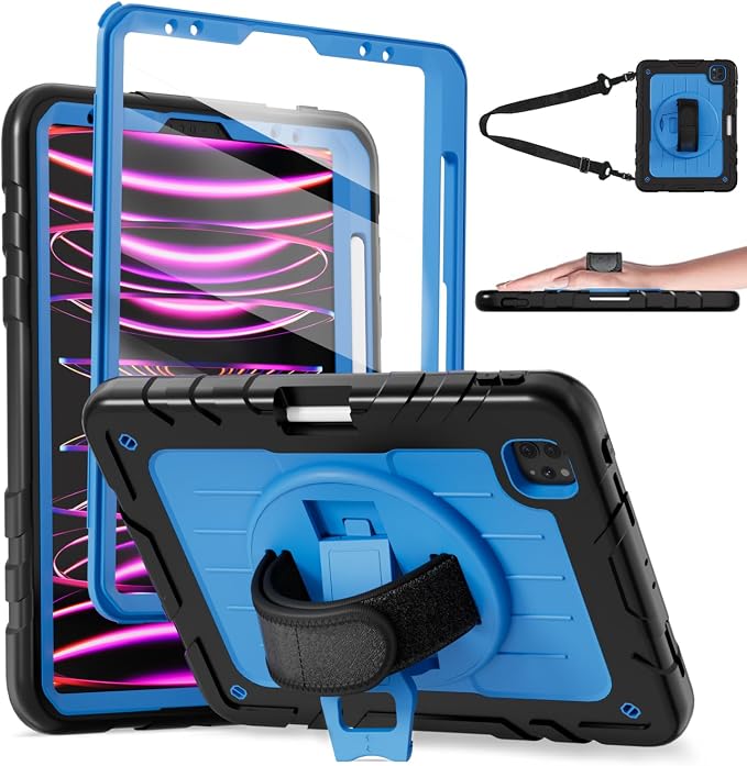 iPad Pro 11 inch Case with Rotating Stand &amp Shoulder Strap Heavy Duty Shockproof Cover with Pencil Holder for iPad Pro 11-inch 4th/3rd/2nd/1st Gen (Black)