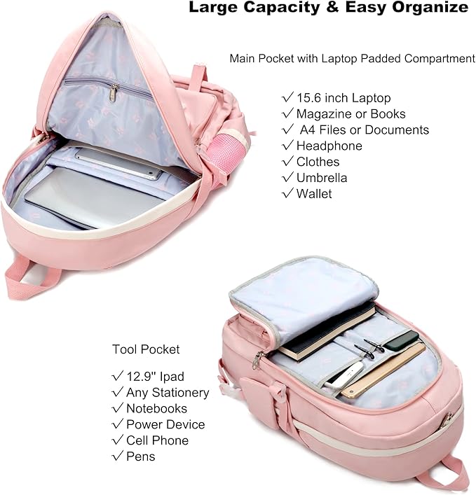 Hidds School Backpack for Teen Girls Women College Laptop Backpacks Kids Cute Bookbag Set with Lunch Box Pencil Case Elementary Middle High Campus Bag 3 Pcs Students Bookbags Sets Travel Daypack-Pink