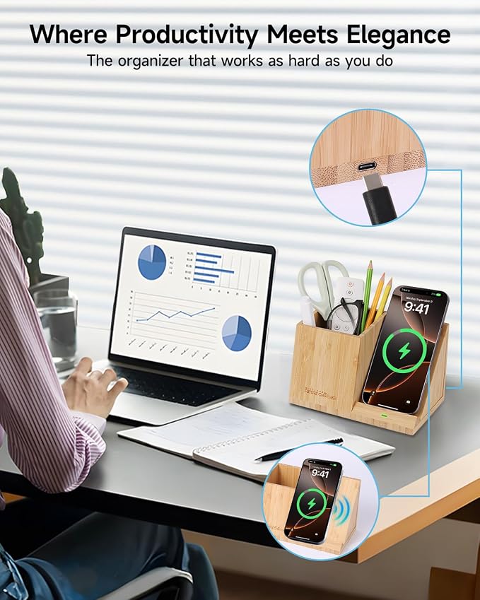 Bamboo Pen Holder for Desk &amp Nightstand Organizer with Fast Wireless Charging for iPhone Samsung &amp More – Office Desk Accessories for Men/Women (Bamboo)