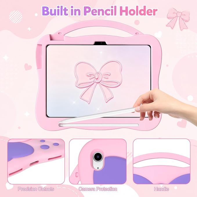 VOFUOE for iPad A16 Case Kids iPad 11th/10th Generation Case 11 Inch 2025 | Cute Bow Soft Silicone iPad 10th Cover 10.9 Inch 2022 for Girls Built-in Handle Rotatable Stand Pencil Holder-Pink Purple