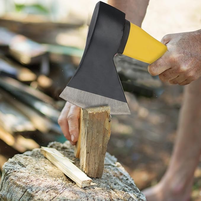 Wood Axe With Sheath - Camping Hatchet for Chopping and Splitting, Outdoor Bushcraft Tool for Hiking, Gardening, Throwing - Anti-Slip Handle (Yellow)