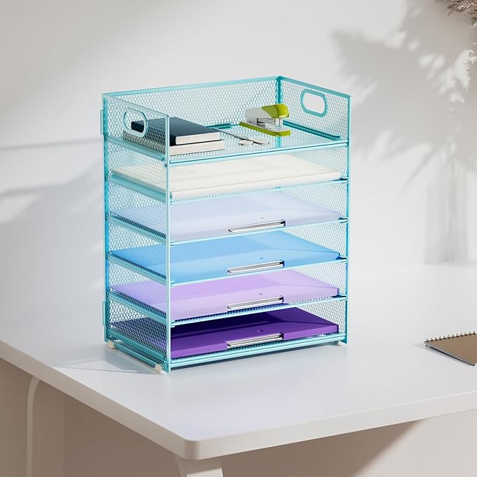 Marbrasse 6 Tier Paper Organizer Letter Tray - Mesh Desk File Organizer with Handle, Paper Sorter for Letter/A4 Office File Folder Holder -Blue