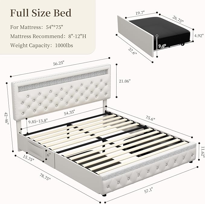 Full Led Bed Frame with 2 Drawers, Upholstered Bed Frames Full Size with 2 Storage Pockets, Platform Bed with Adjustable Height Crystal Button Tufted Headboard, No Box Spring Needed, PU White