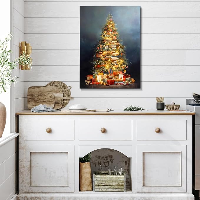 Vintage Books Christmas Tree Canvas Wall Art - Rustic Literary Still Life Framed Print for Cozy Winter Decor, Light Academia Christmas Wall Art, Unique Christmas Gifts & Festive Decorations