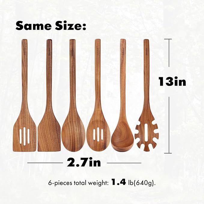 Round Handle Utensils Set - Handmade Acacia Wood Spoons for Cooking, 6 PCS
