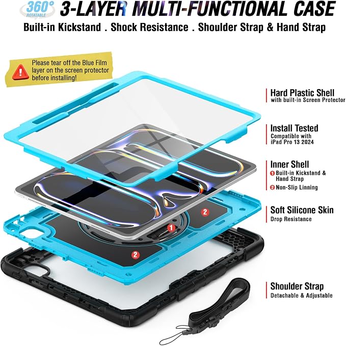 iPad Pro 11 Inch Case 2024 with Screen Protector Pen Holder | iPad Pro 11 5th Generation Case | Three Layer Shockproof Defender Protective Cover W/Stand Hand Strap for iPad A2836/A2837 | Black