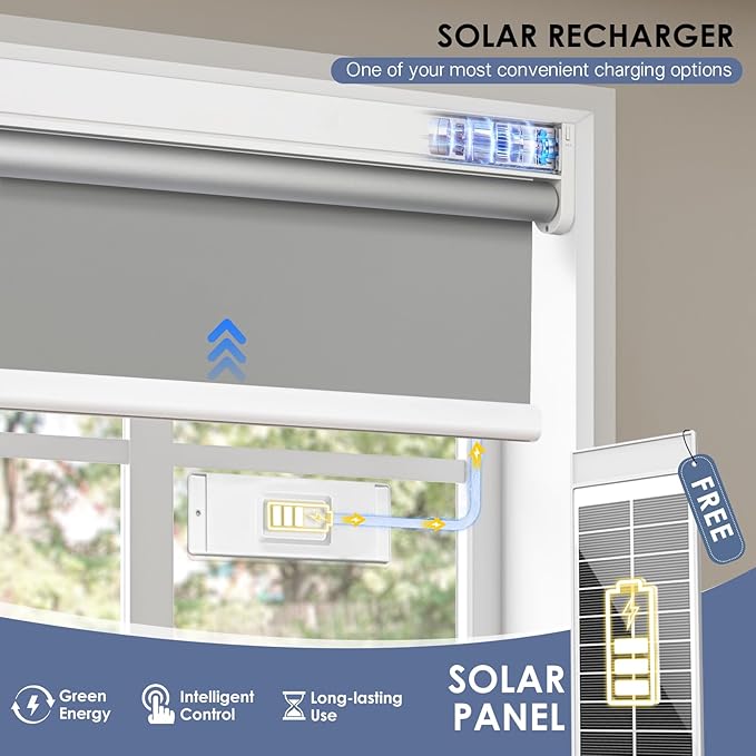 Motorized Roller Blinds with Remote Control & Solar Panel - 100% Blackout Smart Blinds, Automatic, Cordless, Electric Shades - Compatible with Alexa - Grey, 39" W x 72" H