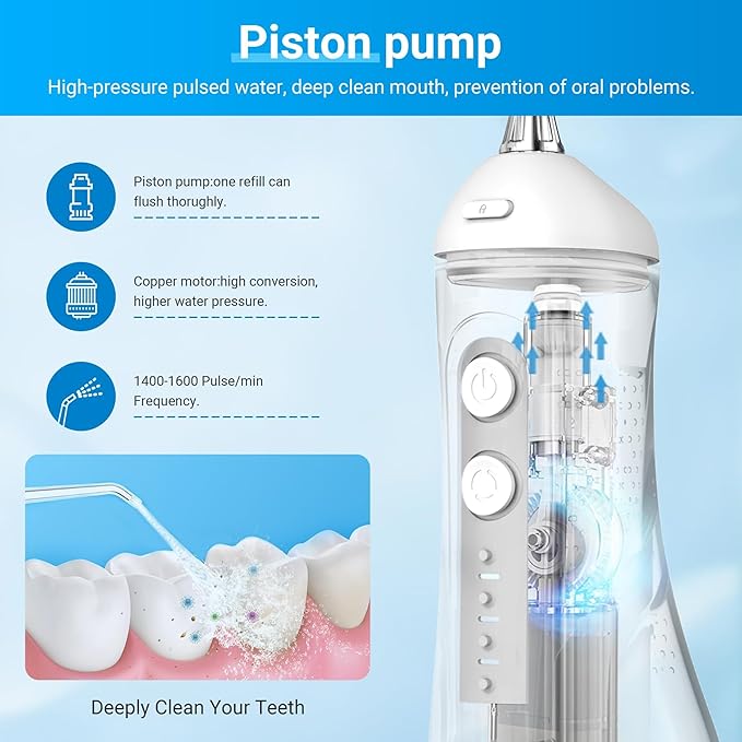 R REVA Portable Water Flosser for Teeth - 4 Modes Cordless Oral Irrigator with 300ML Tank, 360° Rotating Nozzle, 4 Jet Tips, Rechargeable, IPX7 Waterproof, Low Noise Gravity Ball Design (M159 - White)