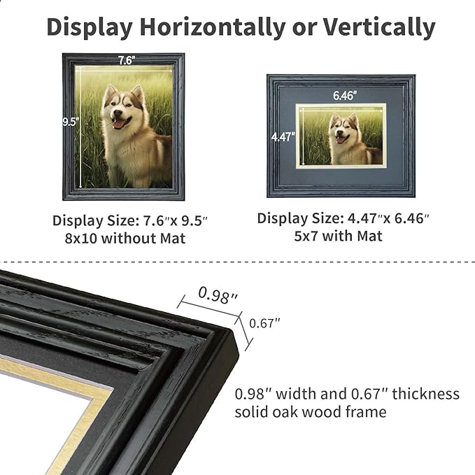 8x10 Picture Frame for Wall or Tabletop Oak Wood, 5x7 Picture Frame with Mat,8 x 10 Premium Photo Frame with Real HD Tempered Glass,Ideal for Home Decor, Art Gallery,Black, 1 Pack