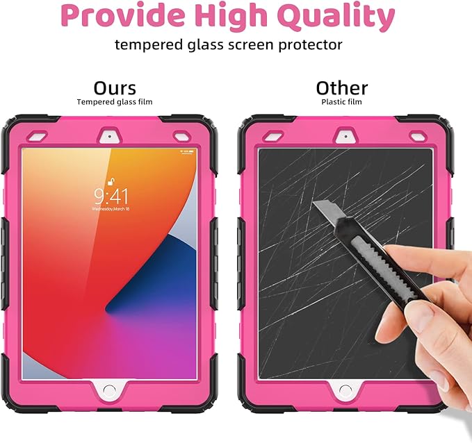 BLOSOMEET Case for iPad 9th Generation 2021 10.2 Inch with Tempered Glass Screen Protector & Pencil Holder,Protective Kids iPad 7th/8th Gen Cover 2020 2019 w/Stand Hand Shoulder Strap,Rosered