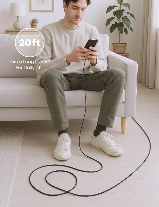 Right Angle USB-C to USB-C Cable 20ft 60W Fast Charging Extra Long USB-C Cable Charger Cord 90 Degree [Premium Nylon Braided] for iPhone 16/15 Series iPad MacBook Galaxy Pixel Switch &amp More