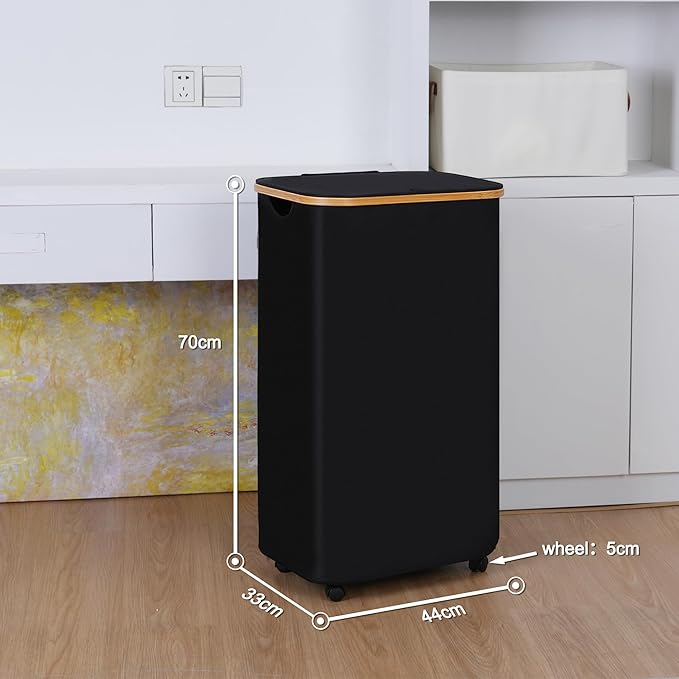 Laundry Basket with Wheels,100L Hampers for Laundry,Black Large Laundry Hamper with Lid and Bamboo Handles,Collapsible & Waterproof Tall Cloth Hamper for Dormitory Family