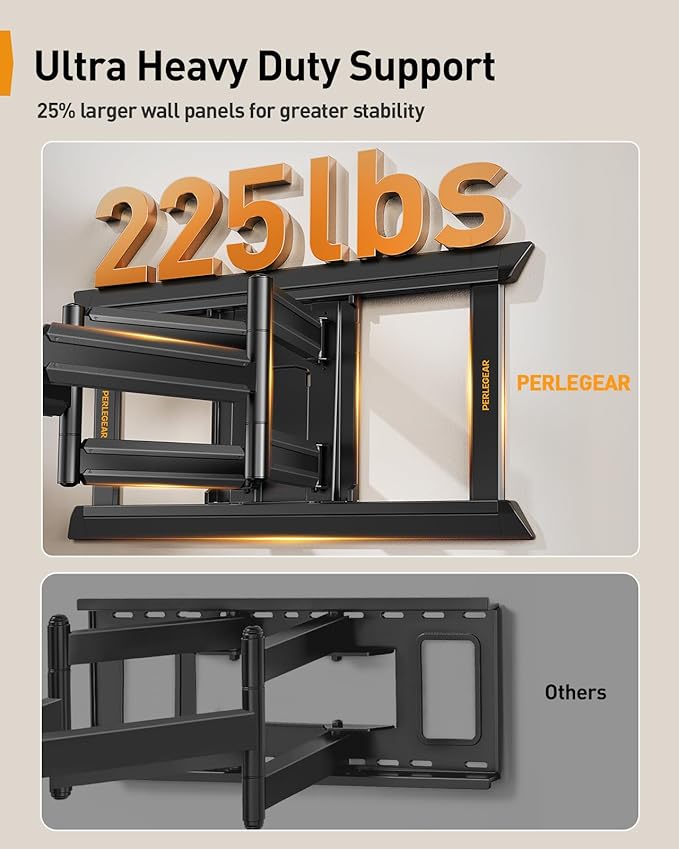 Perlegear Long Arm Full Motion TV Wall Mount for 55–120 inch TVs up to 225 lbs, Pre-Assembled TV Mount with Long Extension, Swivel & Tilt, Fits 16″/18″/24″ Wood Studs, Max VESA 900x600mm, PGXLF03B