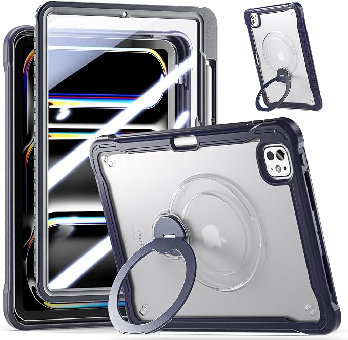 Lunivop Compatible with iPad Pro 11 Inch Case (M5/M4) 2025/2024 with 360° Rotating Aluminium Stan Stand Built-in 9H+ Hardness Screen Protector Military - Grade Tablet Cover Black
