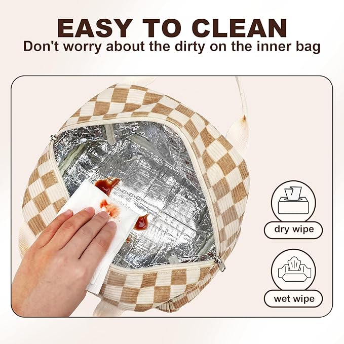 LEDAOU Insulated Lunch Bag women Corduroy Small Lunch Box for Women with Front Pocket Leakproof Cooler Checkered Cute Adult Gilrs Lunch Box for Work School Picnic
