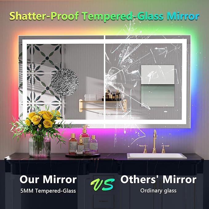 YEELAIT 55x30 Inch RGB LED Bathroom Mirror Front Light and RGB Backlit Lighted Vanity Mirror for Bathroom Wall Mounted Dimmable Anti Fog Memory Shatter-Proof IP54 Waterproof Horizontal/Vertical