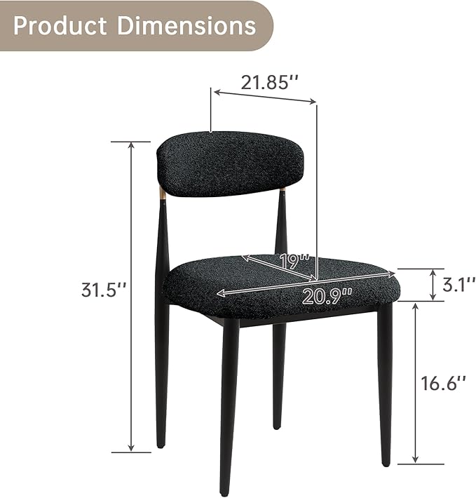 Morden Fort Black Dining Chairs Set of 4, Boucle Upholstered Chairs with Curved Backrest and Metal Frame for Dining Room, Kitchen, Apartment