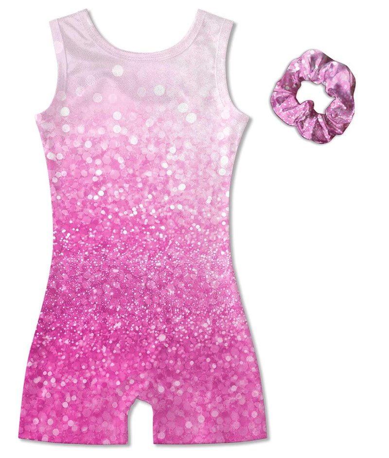 Vogseek 4 5 Years Girls Gymnastics Leotards with Hair Scrunchie Pink Sparkle Dots Active Biketards with Cover Shorts Girl's Cute Classic Ballet Unitards Sets,Pink Shiny