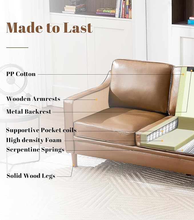 Kingfun Living Room Furniture Sets, Armchair and 2 Loveseat, Mid Century Modern Sofa Set, Faux Leather Couch with Solid Wood Frame for Living Room & Bedroom, Brown