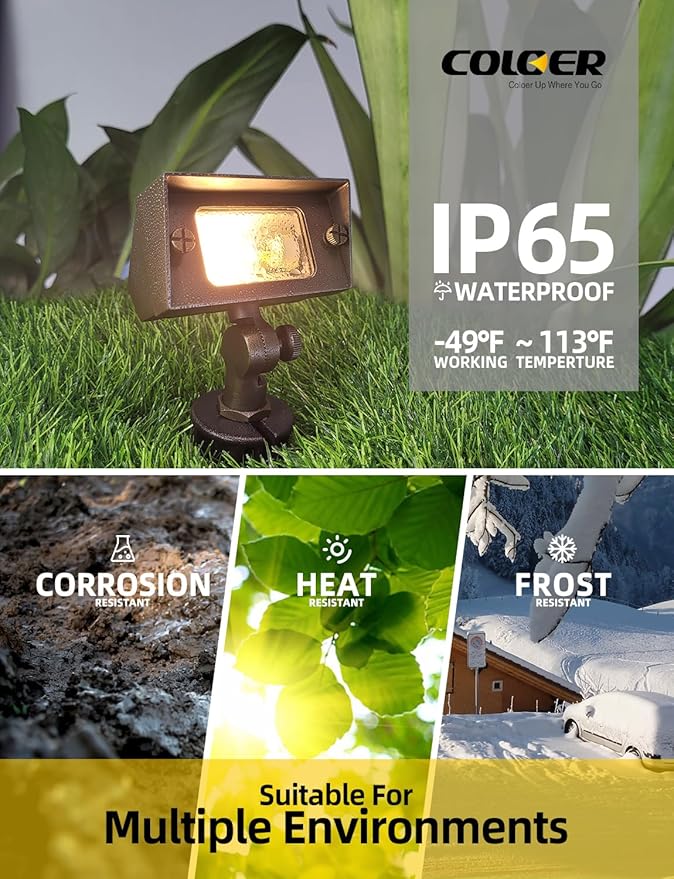 COLOER Brass Small Rectangular Flood Lights Outdoor 12-Pack Without Bulb, 12V Low Voltage Landscape Outside Lights for House Illuminating Signs, Walls and Plant Material