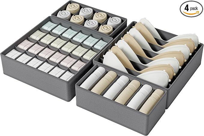 Drawer Organizer Clothes Set, 4 Pack Foldable Dresser Closet Dividers (6/8/7/24-Cell), Non-Woven Underwear & Sock Drawer Organizer, Bra/Tie/Belt Storage Bins (Dark Grey)